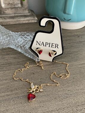 Napier Be My Valentine Cupid Arrow Heart Pendant Necklace Post Earrings Set Gold